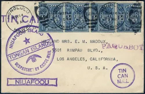 Tonga 1934 Tin Can Mail Blechdosenpost Brief Hawaii Paquebot USA / 939