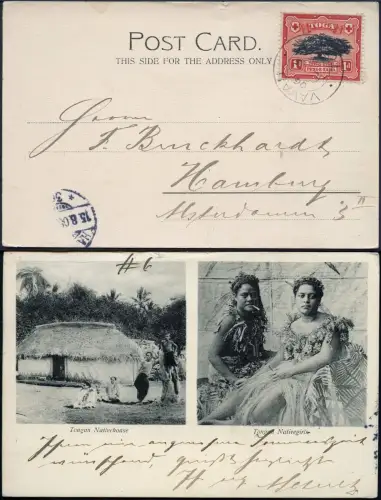 Tonga 1906 Ansichtskarte Eingeborene Vavau 3.7.06 nach Hamburg 15.8.06 / 703