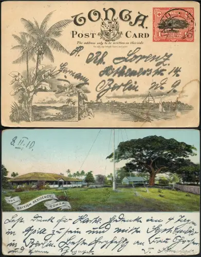 Tonga 1906 Bildpostkarte in Farbe Ganzsache Residenz Vavau 8.2.1910 Berlin / 705