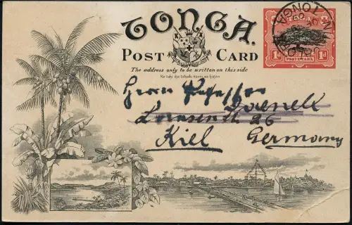 Tonga 1906 Bildpostkarte in Farbe Ganzsache Haamonga Tor 4.6.1909 Kiel / 823