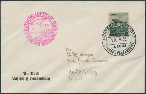 Zeppelin Dt. Reich 1936 8. NAF LZ 129 Bordpost 19.9.36 nach New York 437 A/ 1675