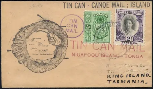 Tonga 1938 Tin Can Mail Blechdosenpost Niuafo`ou Egg Lagoon Tasmanien / 741