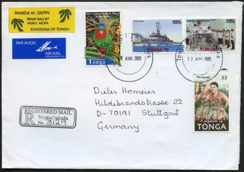 Tonga 2004 Dauer Michel 1690 Aufdruck 45s Reko-Brief Luftpost Stuttgart / 828