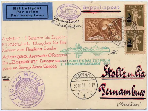 Zeppelin 1931 Dt. Reich + Schweiz MiF 3. SAF AK Zuleitungspost Si 133 Ba / 2603