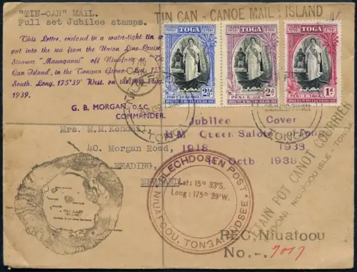 Tonga 1939 Tin Can Mail Blechdosenpost Reko-Brief Königin Salote England / 1037