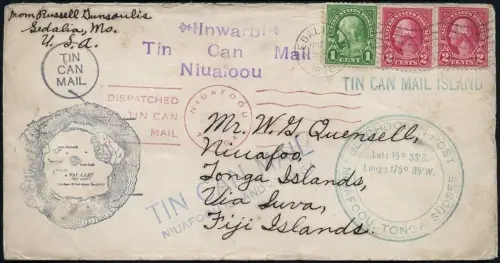 USA 1937 Tin Can Mail Blechdosenpost Brief Sedalia Fidschi Tonga / 937