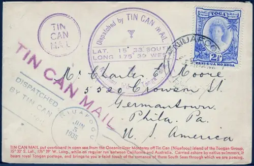 Tonga 1935 Tin Can Mail Blechdosenpost Brief Niuafo`ou Germantown USA / 693