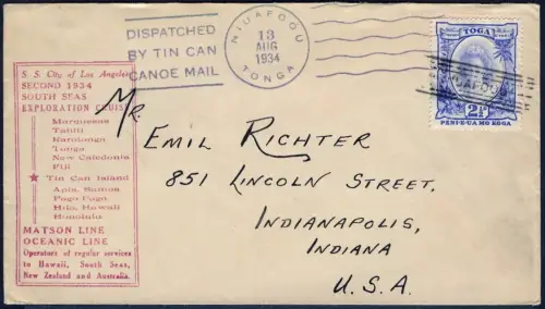 Tonga 1934 Tin Can Mail Blechdosenpost Brief City of LA Niuafo`ou USA / 1038