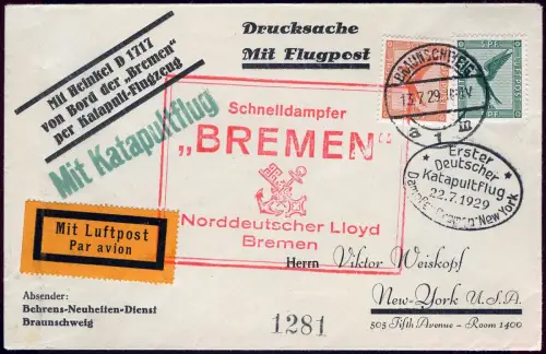 Katapult 1929 Dt. Reich Erstflug mit Cachet Braunschweig New York H 1 a / 1661