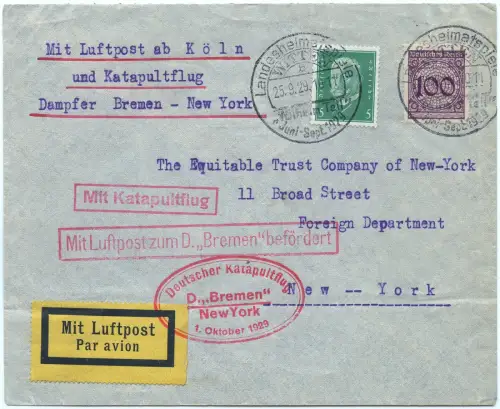 Katapult 1929 Dt. Reich Nachbringeflug Köln NY SST Witten Brief H 7 c / 1664