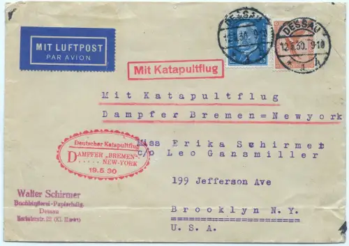 Katapult 1930 Dt. Reich Landpost Dessau Brooklyn USA Brief H 12 a / 1665