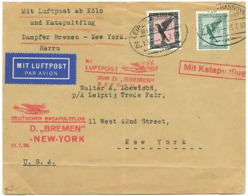 Katapult 1930 Dt. Reich Bahnpost Leipzig Hannover Nachbringeflug NY H 20 c /1667