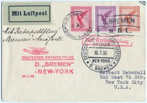Katapult 1930 Dt. Reich Seepost beide Stempel Brief New York USA H 20 b / 1668