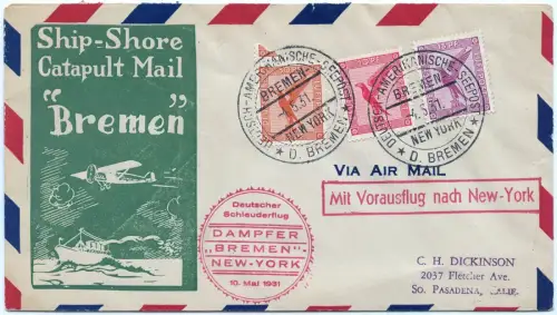 Katapult 1931 Dt. Reich Cachet-Brief Seepostaufgabe Pasadena USA H 40 b / 1671