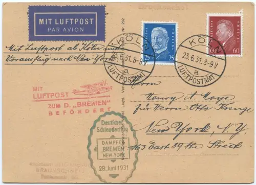 Katapult 1931 Dt. Reich AK Nachbringeflug Köln Cherbourg NY USA H 52 c / 1672
