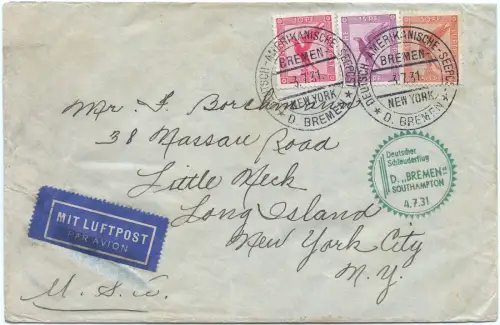 Katapult 1931 Dt. Reich Seepostaufgabe Brief New York USA Catapult H 53 b / 1674