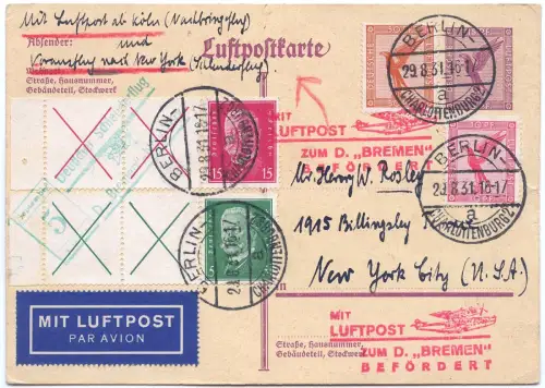 Katapult 1931 Dt. Reich Nachbringeflug Köln Cherbourg NY PK USA H 68 c / 1675