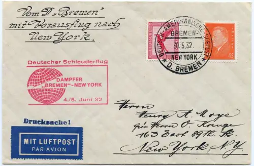 Katapult 1932 Dt. Reich Seepostaufgabe Brief New York USA Catapult H 83 b / 1677