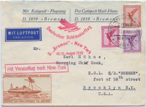 Katapult 1932 Dt. Reich Seepostaufgabe Cachet NDL-Brief USA Catapult H 99 b/1678