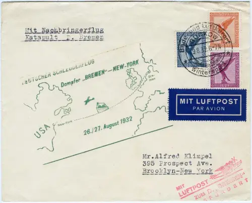 Katapult 1932 Dt. Reich Seepostaufgabe Brief New York USA Catapult H 102 c/ 1680
