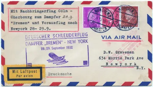 Katapult 1932 Dt. Reich Nachbringeflug Köln Cherbourg USA Catapult H 110 c/ 1681