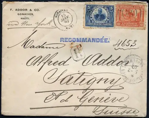 Haiti 1907 Reko-Brief Gonaives via USA und Frankreich nach Satigny Schweiz / 44