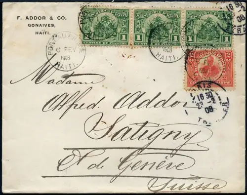 Haiti 1908 Brief MiF 5 C Gonaives Port-au-Prince Paris Satigny Schweiz / 55