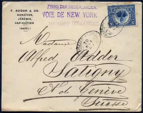 Haiti 1909 Brief Gonaives Schiffspost Prins der Niederlande Satigny Schweiz / 45