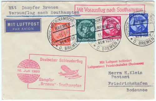 Katapult 1933 Dt. Reich Seepost Fridericus kpl Brief F´hafen H 128 c / 1685