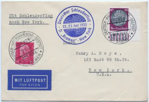 Katapult 1933 Dt. Reich Seepost Brief Hindenburg Eckrand New York H 123 b / 1686