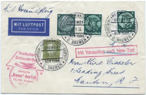 Katapult 1933 Dt. Reich Seepost Brief MiF Manton Rhode Island H 134 b / 1687
