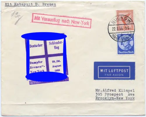 Katapult 1933 Dt. Reich Buckow Bahnpost Berlin-Marienburg USA H 139 a / 1688