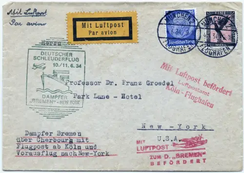 Katapult 1934 Dt. Reich München Nachbringeflug Köln Cherbourg USA H 157 c / 1689