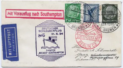 Katapult 1934 Dt. Reich Seepost Berlin Flugpost Wien Graz Brief H 155 c / 1691