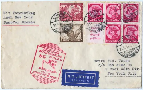 Katapult 1934 Dt. Reich Lohne Brief Fridericus H-Blatt 75 New York H 161 a/ 1692