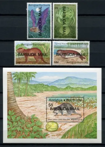 Barbuda 1990 Tiere Animals Fledermaus Robbe Manati 1189-1192 Block 156 MNH