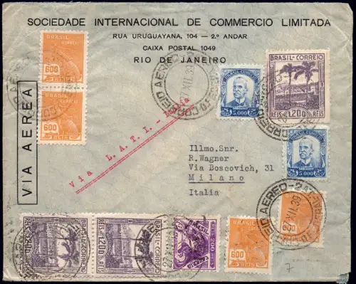 LATI 1939 Brasilien Brief 16200 R 2. Flug 27.12.39 Rio Mailand Italien / 1694