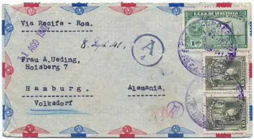 LATI 1941 Venezuela Brief  11.8.41 Puerto Cabello Hamburg Zensurstempel / 1699