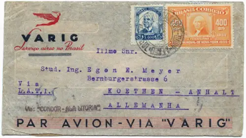 LATI 1940 Brasilien Brief 5400 R Porto Alegre Köthen-Anhalt OKW Zensur / 1900