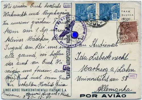 LATI 1940 Brasilien Weihnachtskarte Pindorama Marburg Lahn OKW Zensur / 1902