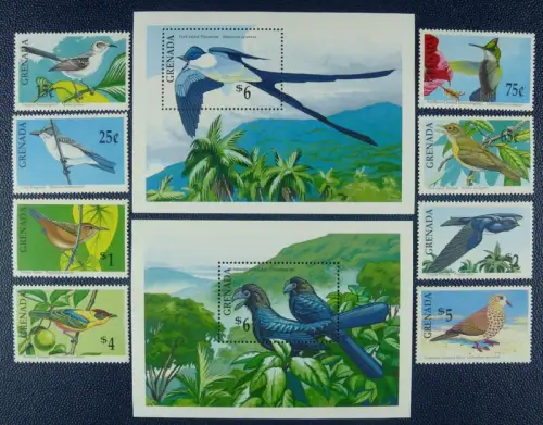Grenada 1990 Vögel Birds Uccelli Oiseaux 2167-2174 Block 257-258 Postfrisch MNH