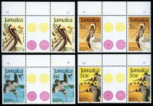 Jamaika Jamaica 1985 Pelikane Vögel Birds Audubon 603-606 Gutter Pairs MNH