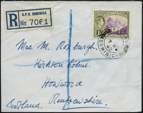 Dominica 1942 Brief EF Vulkan Volcano 1/- Roseau Howwood Schottland / 802