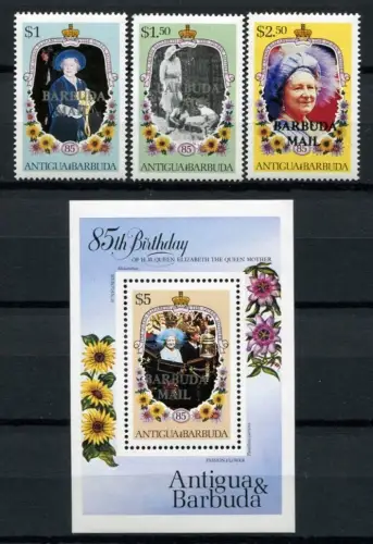 Barbuda 1985 Geburtstag Königinmutter Elisabeth 833-835 Block 98 Postfrisch MNH