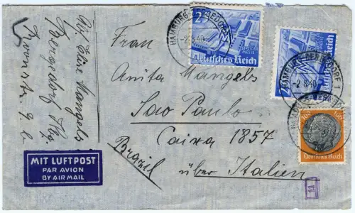LATI 1940 Dt. Reich Brief 2.8.40 Hamburg Bergedorf Rom Sao Paulo OKW Zensur/1906