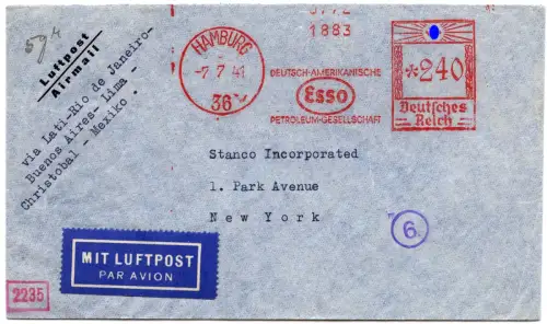 LATI 1941 Dt. Reich Brief 7.7.41 Hamburg Rio Lima Mexico USA OKW Zensur / 1908