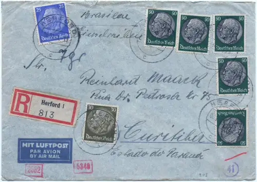 LATI 1941 Dt. Reich Reko-Brief 6.11.41 Herford Rom Brasilien OKW Zensur / 1911