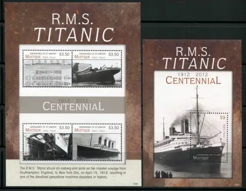 St Vincent Mustique 2012 Titanic Schiff Ship Navi Bateaux Katastrophe MNH