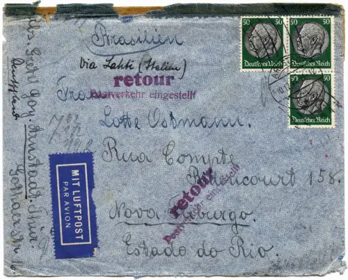 LATI 1941 Dt. Reich Brief 10.12.41 Arnstadt Rio Flugverkehr eingestellt / 1915