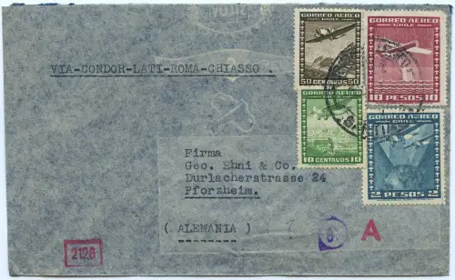 LATI 1941 Chile Brief Santiago Rio Rom Chiasso Pforzheim OKW Zensur / 1916